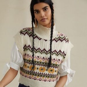 Anthropologie stripe Turtleneck Sweater Vest Sz M NWOT scallop details